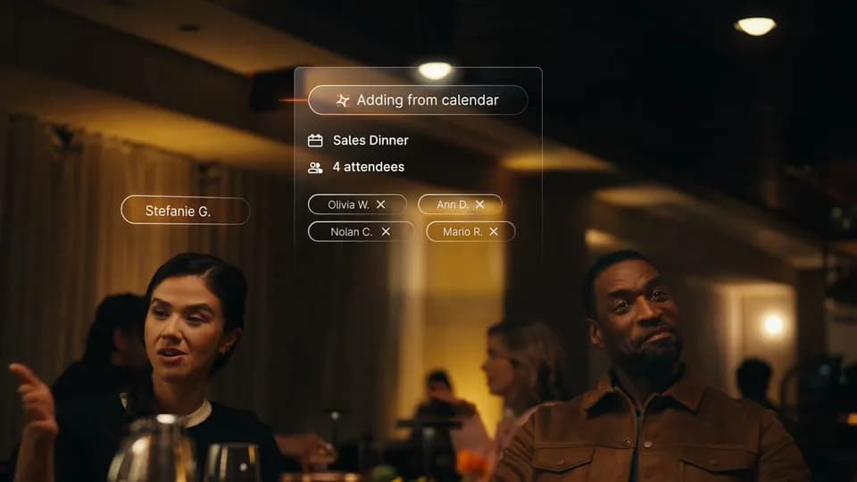 Dinner scene overlaid with a Brex interface card reading Adding from calendar, Sales Dinner, 4 attendees