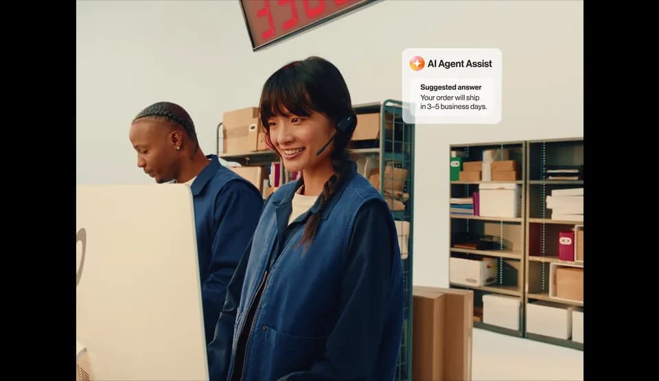 Woman in a blue work vest and headset smiling in a stockroom, with an "AI Agent Assist" suggested answer on screen