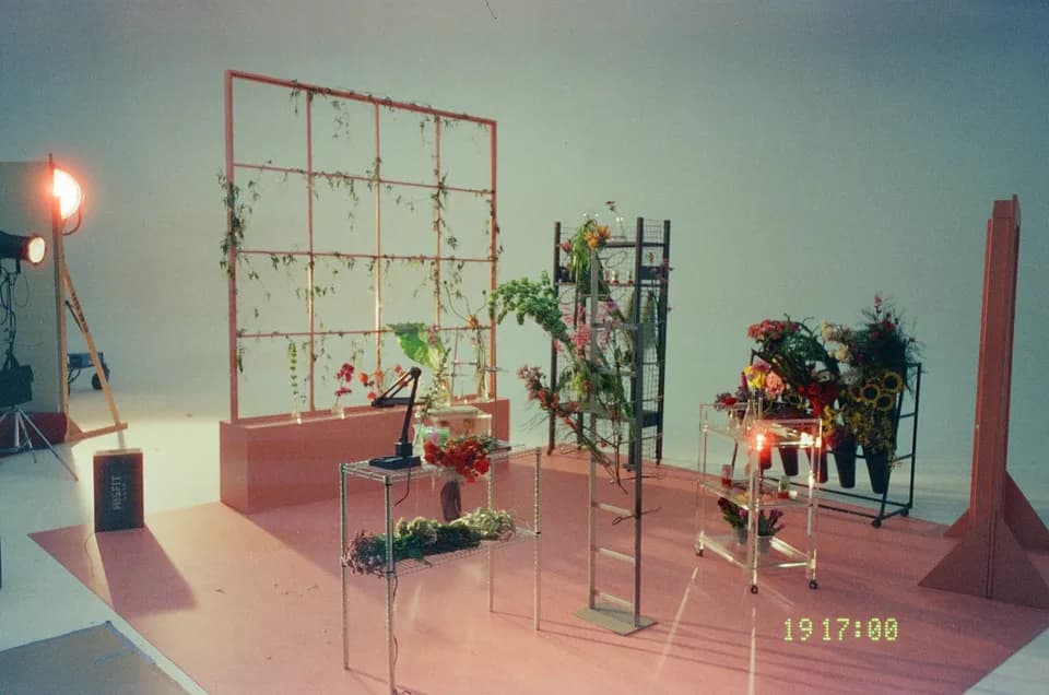 BTS of florist set with a pink floor, a peach trellis frame, wire shelving, buckets of flowers and a lit studio lamp at left