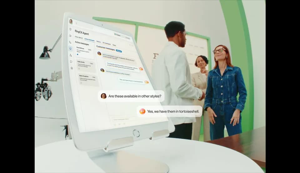 Ring Central ad frame: tablet showing a RingCX Agent chat, with the overlay reply "Yes, we have them in tortoiseshell"