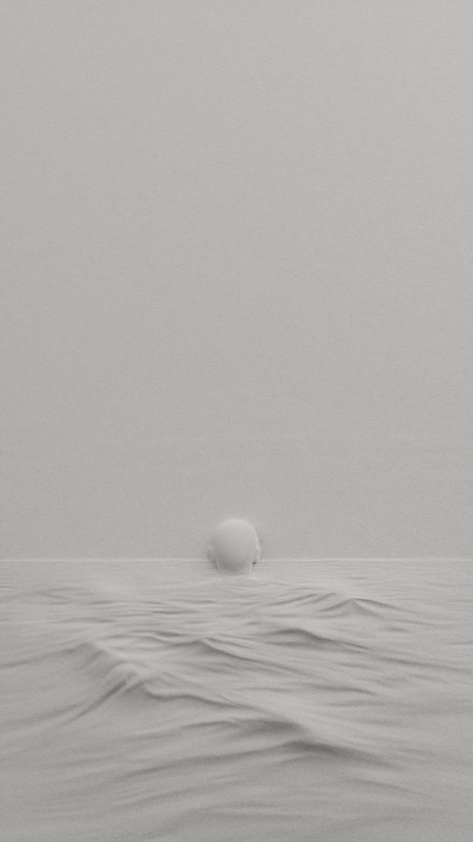 Forum brand identity: grey bas relief sculpture of a bald head rising from rippling water, with a plain pale wall above