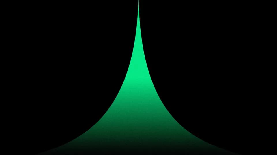 Frame from the NEAR brand campaign film: a tall green gradient spike rising from the bottom of a black screen