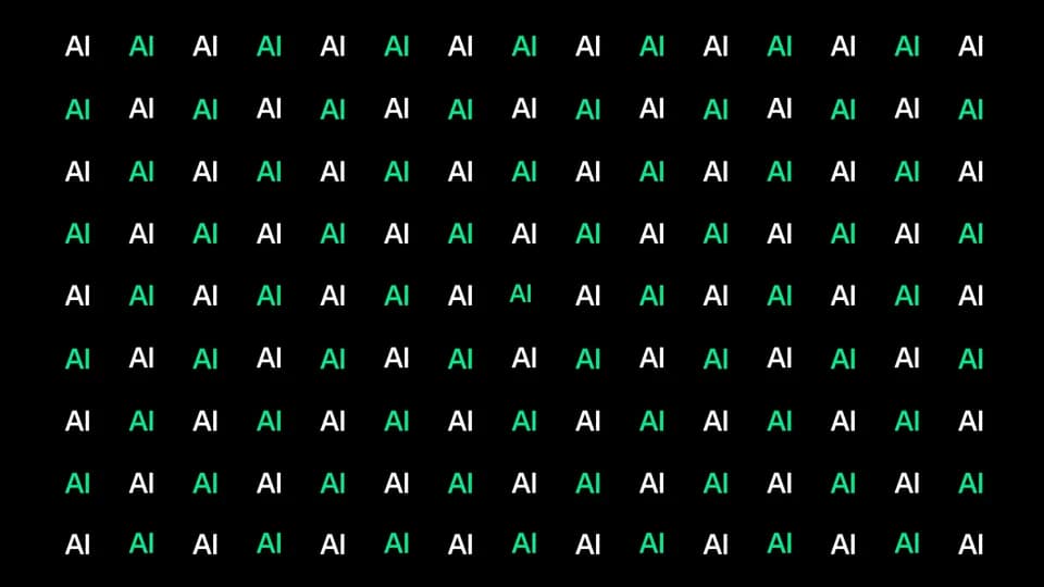 Grid of the letters AI alternating white and green on black, a frame from the NEAR brand campaign