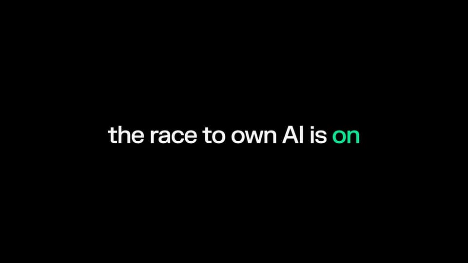 White and green text on black reading "the race to own AI is on", a title card from the NEAR brand campaign