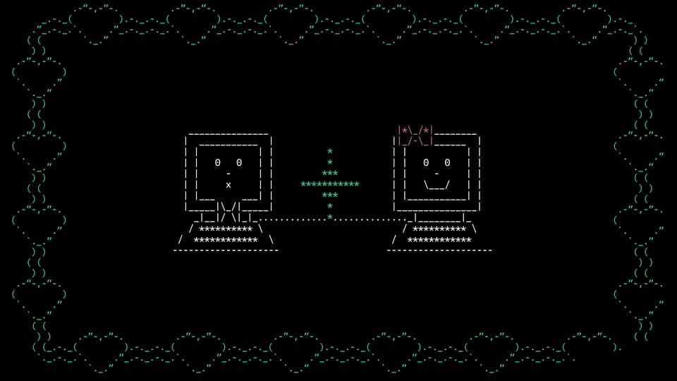 NEAR brand campaign frame: two ASCII-art computers joined by a green dotted line inside a green heart border on black