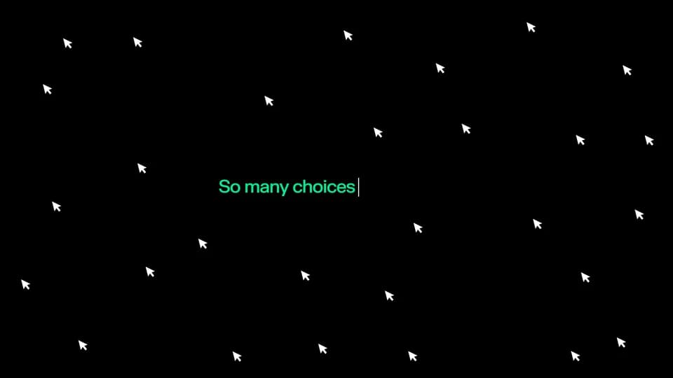NEAR campaign title card: green text "So many choices" with a cursor, surrounded by scattered white mouse arrows on black