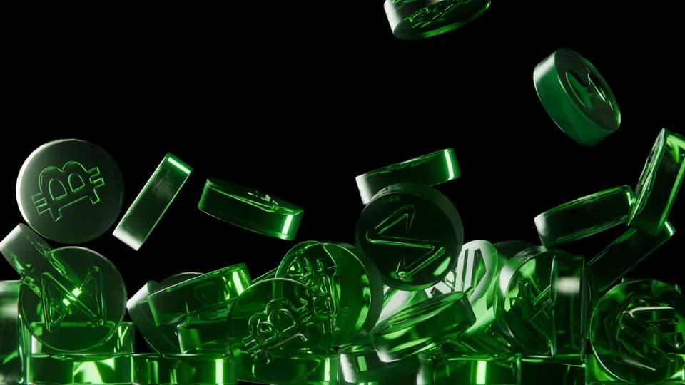 Green translucent coins with crypto symbols tumbling onto a pile against black, 3D frame from the NEAR campaign