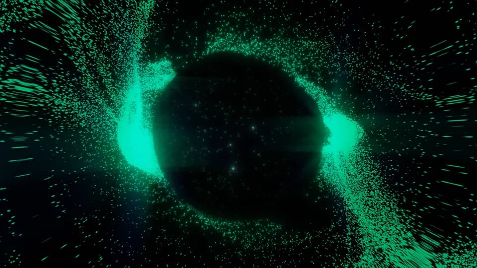 Glowing green particles streaming around a dark sphere on black, an animated frame from the NEAR campaign
