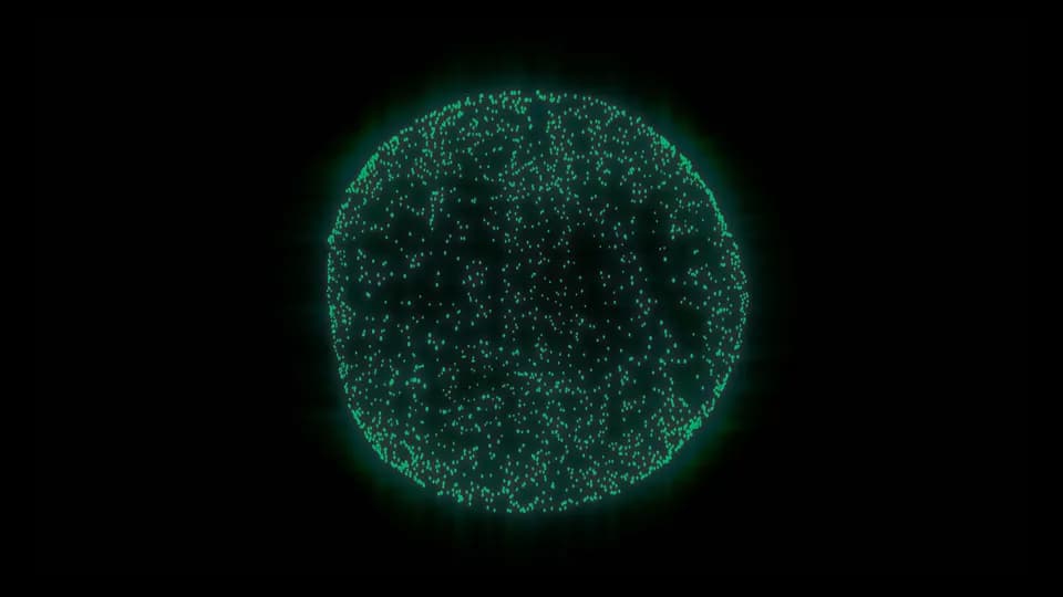 Dark circle made of small green dots with a soft glow on a black background, a NEAR brand campaign frame