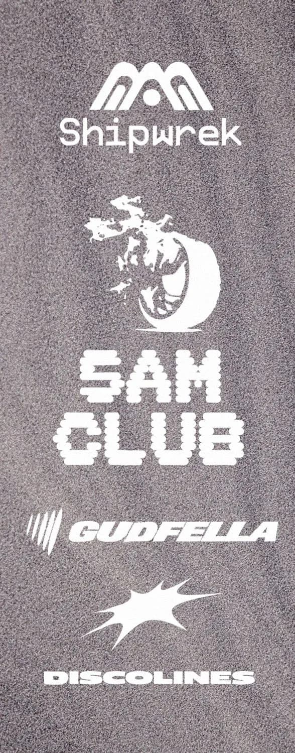Santa Monica House Mafia hoodie sleeve: white logos on grey including Shipwrek, 5am Club, Gudfella and Discolines