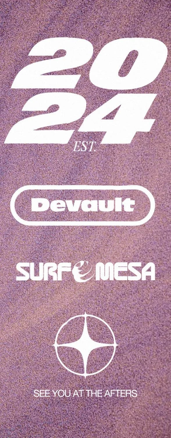 Santa Monica House Mafia hoodie sleeve: "2024 Est.", Devault and Surf Mesa logos on purple, "See you at the afters"