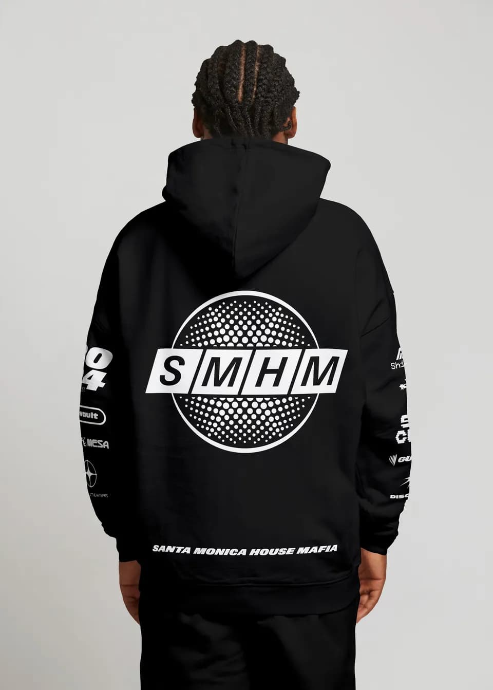 Back of the Santa Monica House Mafia hoodie: round halftone emblem with "SMHM" and the full name printed beneath it