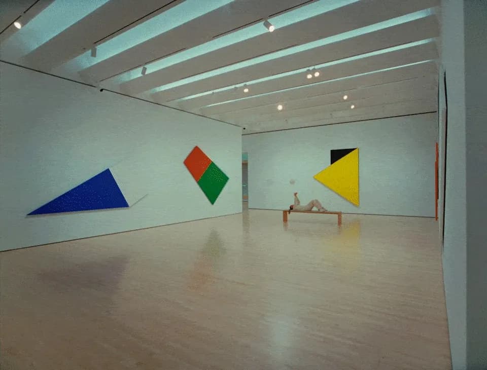 Frame from SFMoMA Get in the Game spot: a person reclining on a bench in a gallery of bright Ellsworth Kelly paintings