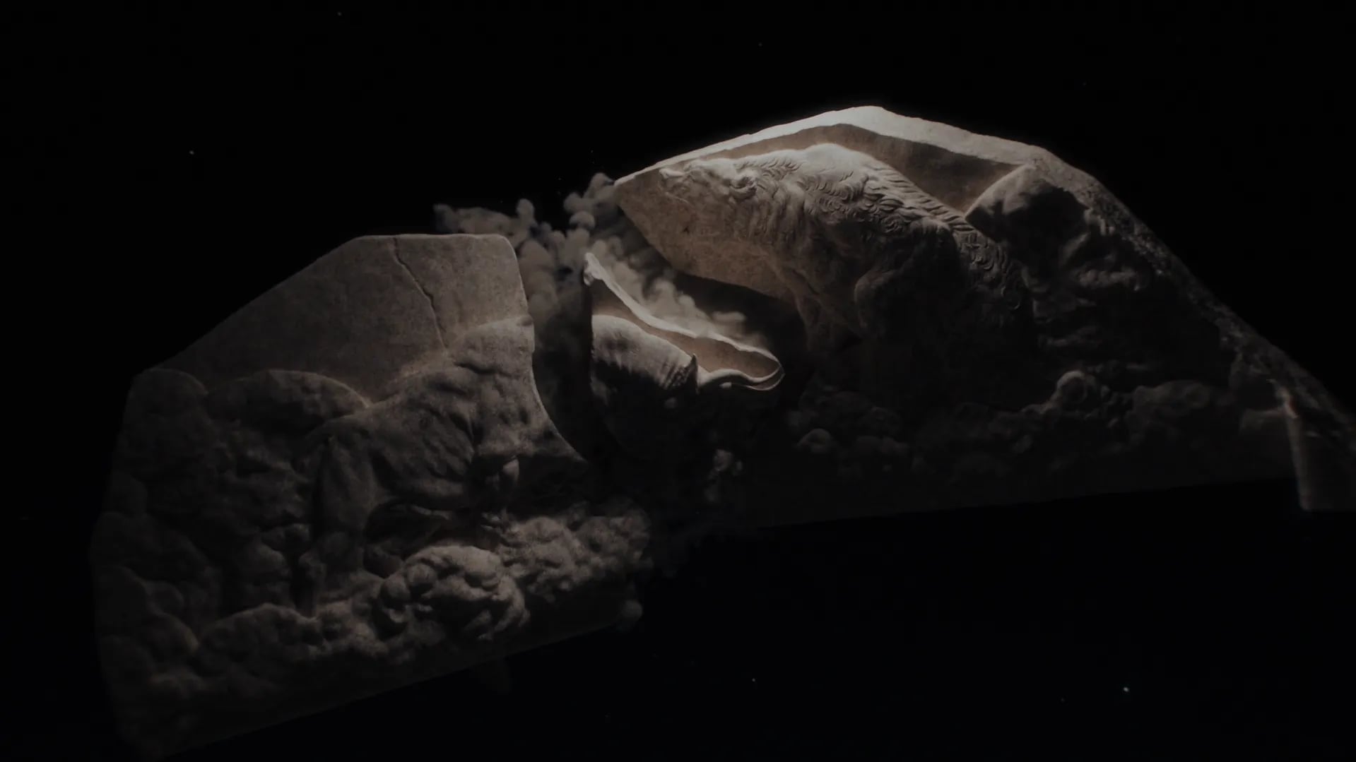 Forum brand video frame: broken pale stone relief with carved animal figures, lit against a black background