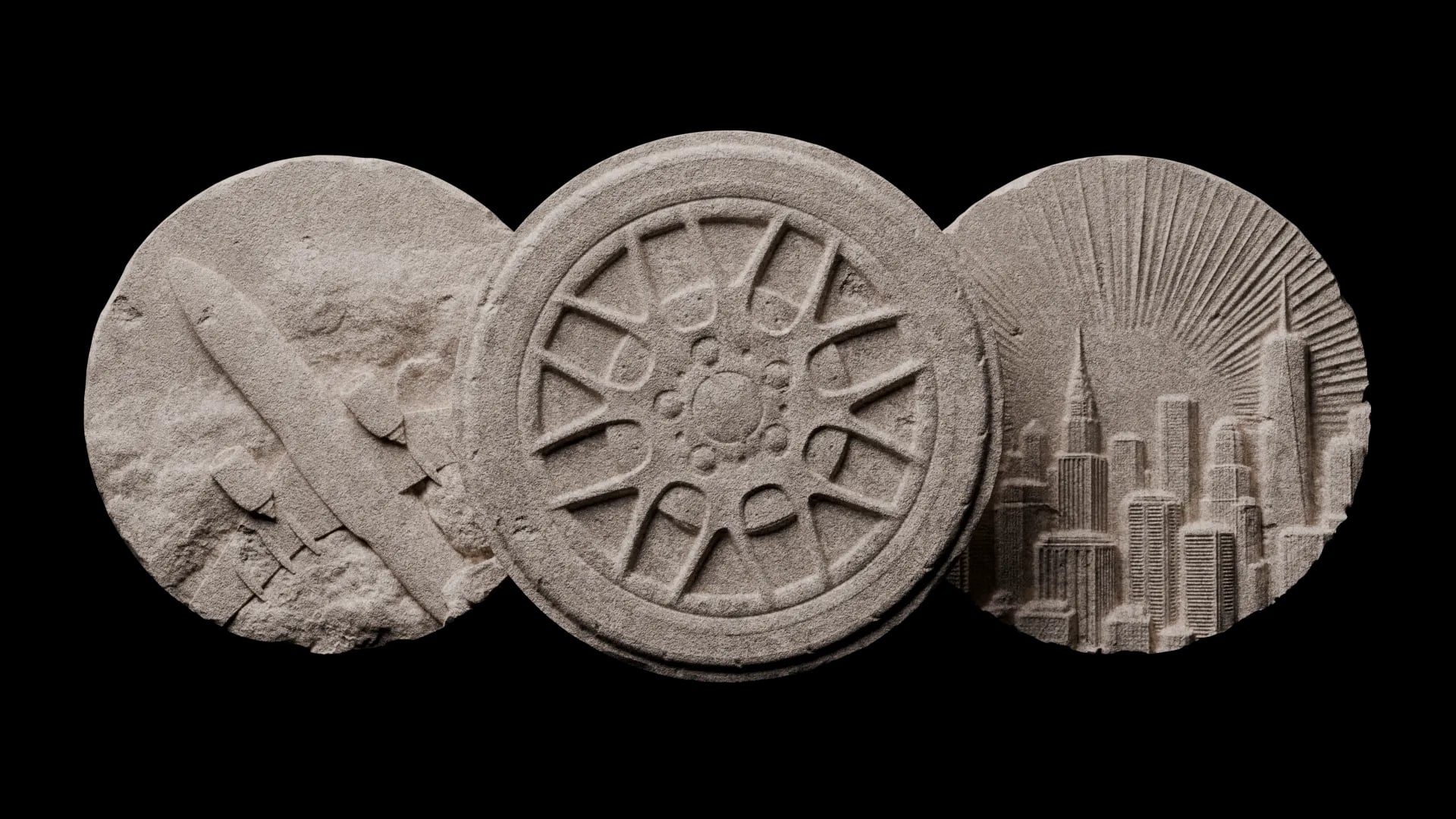 Three grey stone coin tokens in a row: an airplane, a car wheel and a city skyline carved in bas relief, from Forum