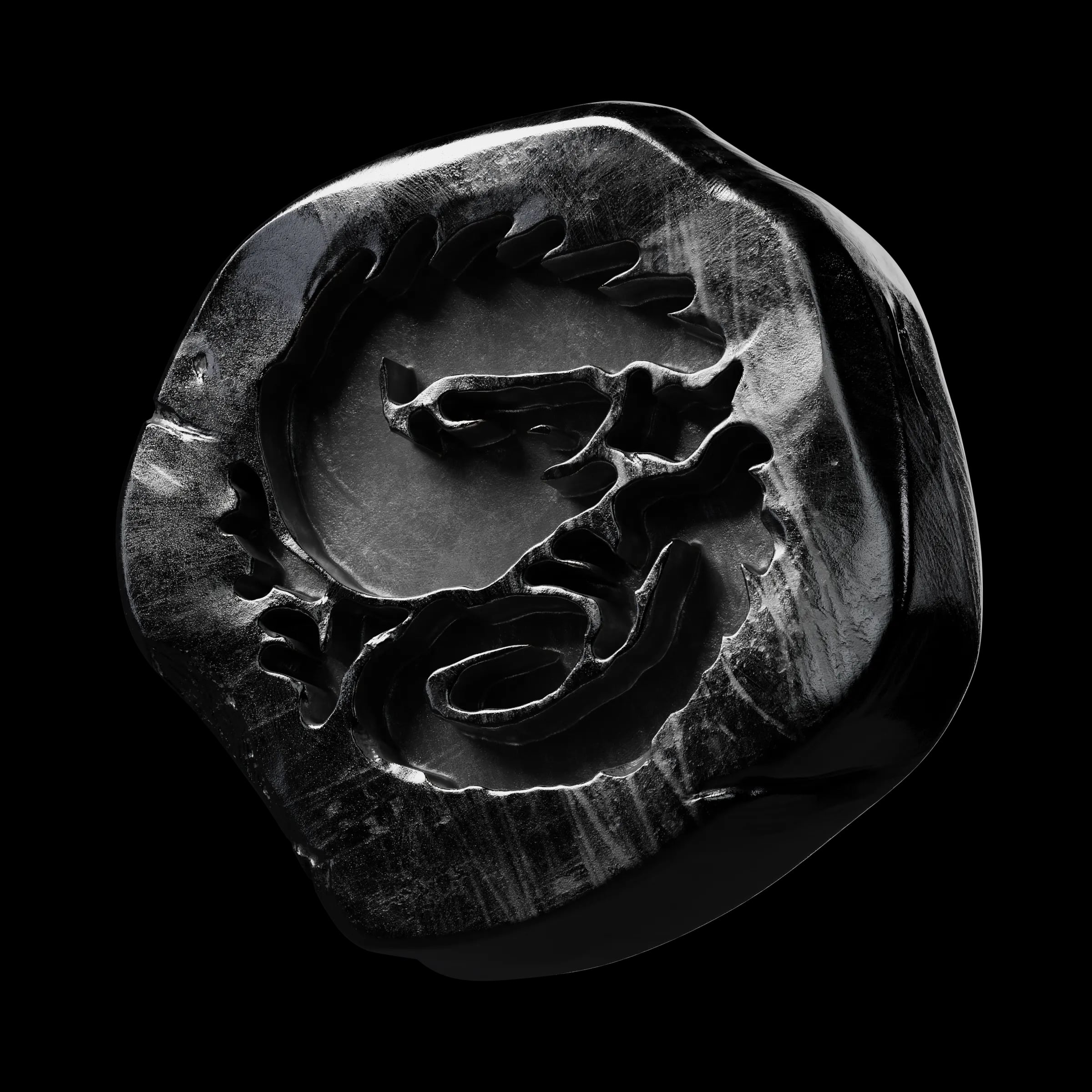 Forum identity token: black glossy wax-seal-style stone stamped with a coiled dragon emblem, on a white background