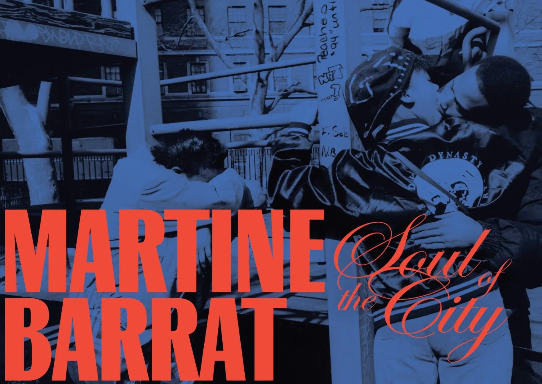 Blue-tinted photo of two people embracing at a playground, with bold red "MARTINE BARRAT" and script "Soul of the City"