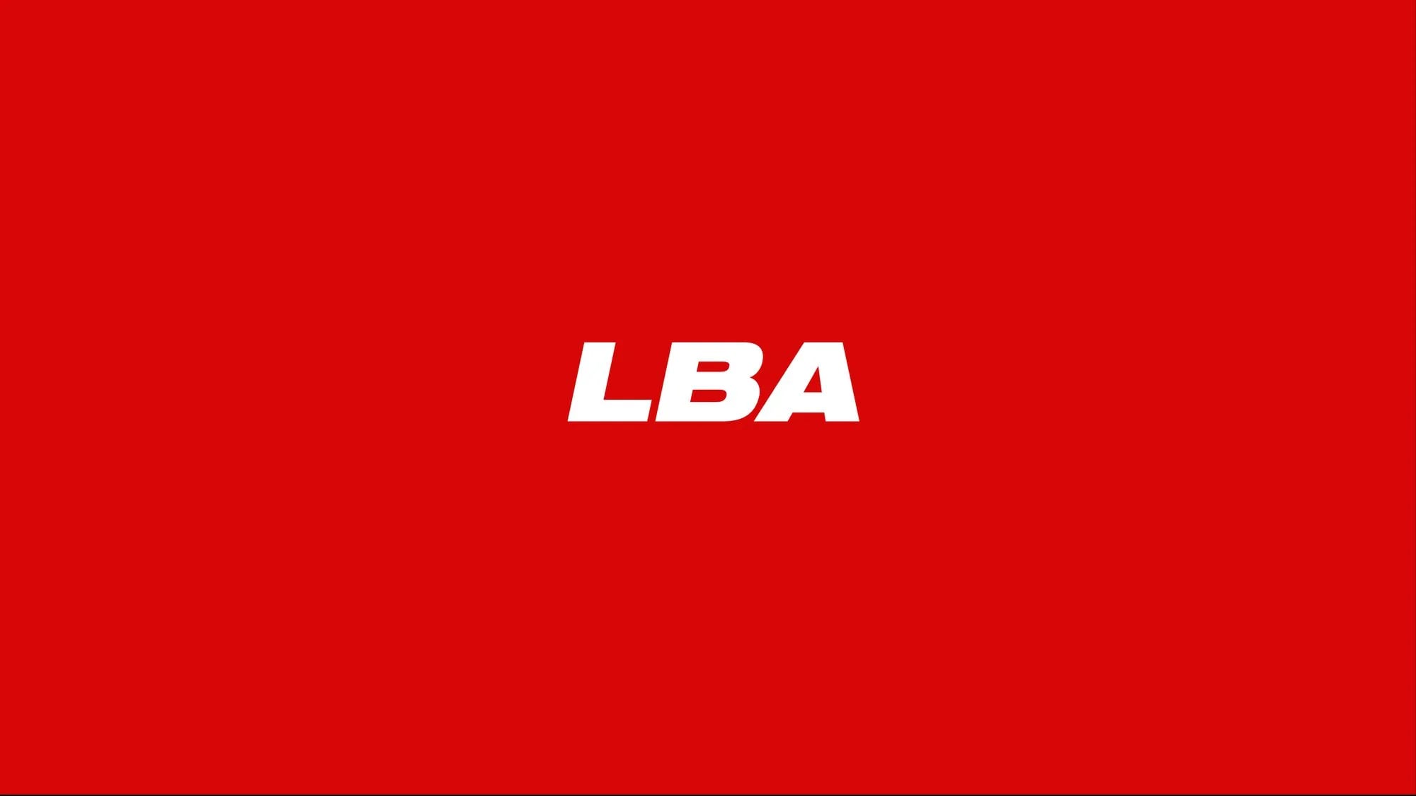 White italic LBA monogram centered on a solid red background
