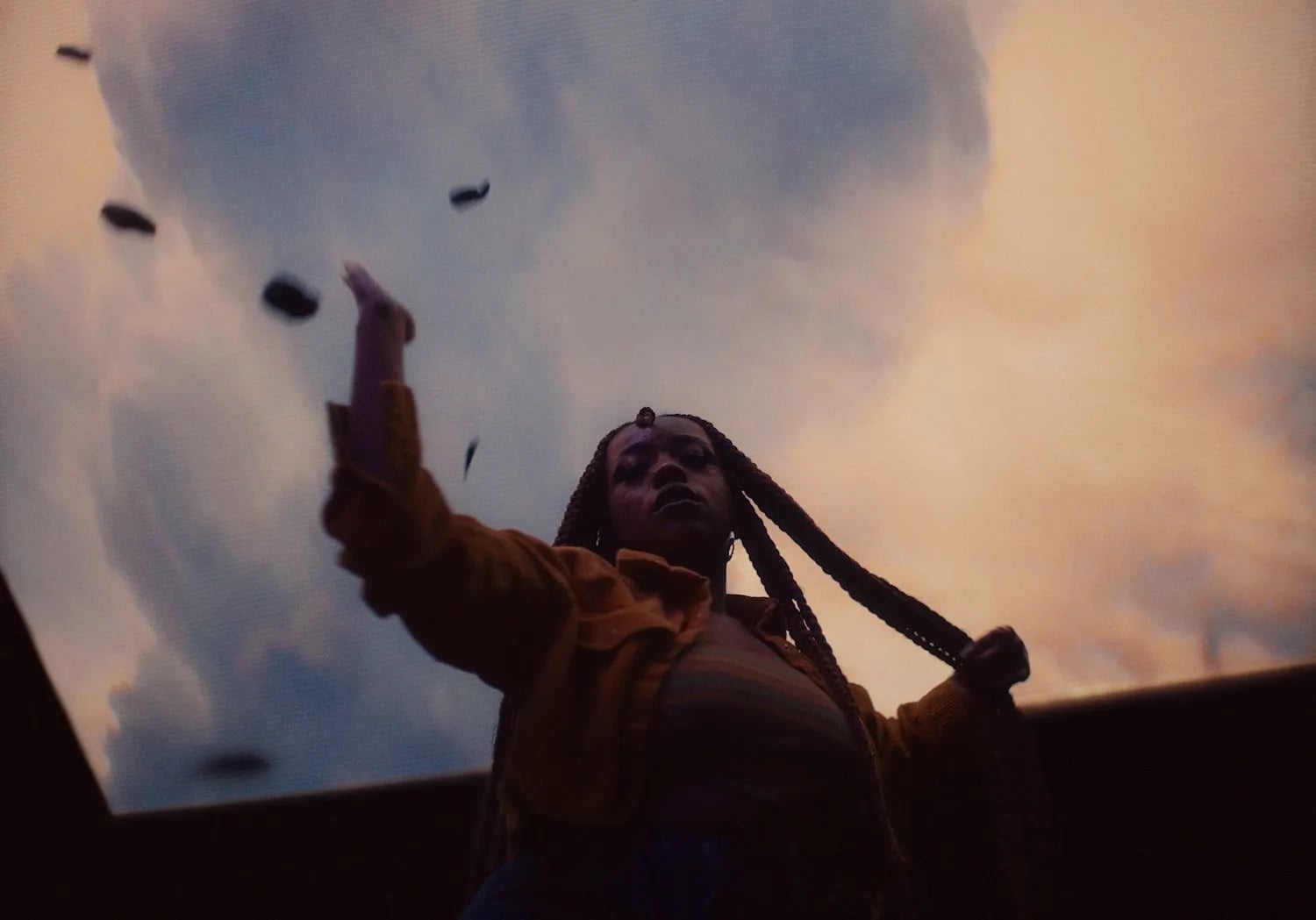Frame from the Stoney Creation Repair video: a woman with braids raising one arm as dark petals fall from a cloudy square of sky above her